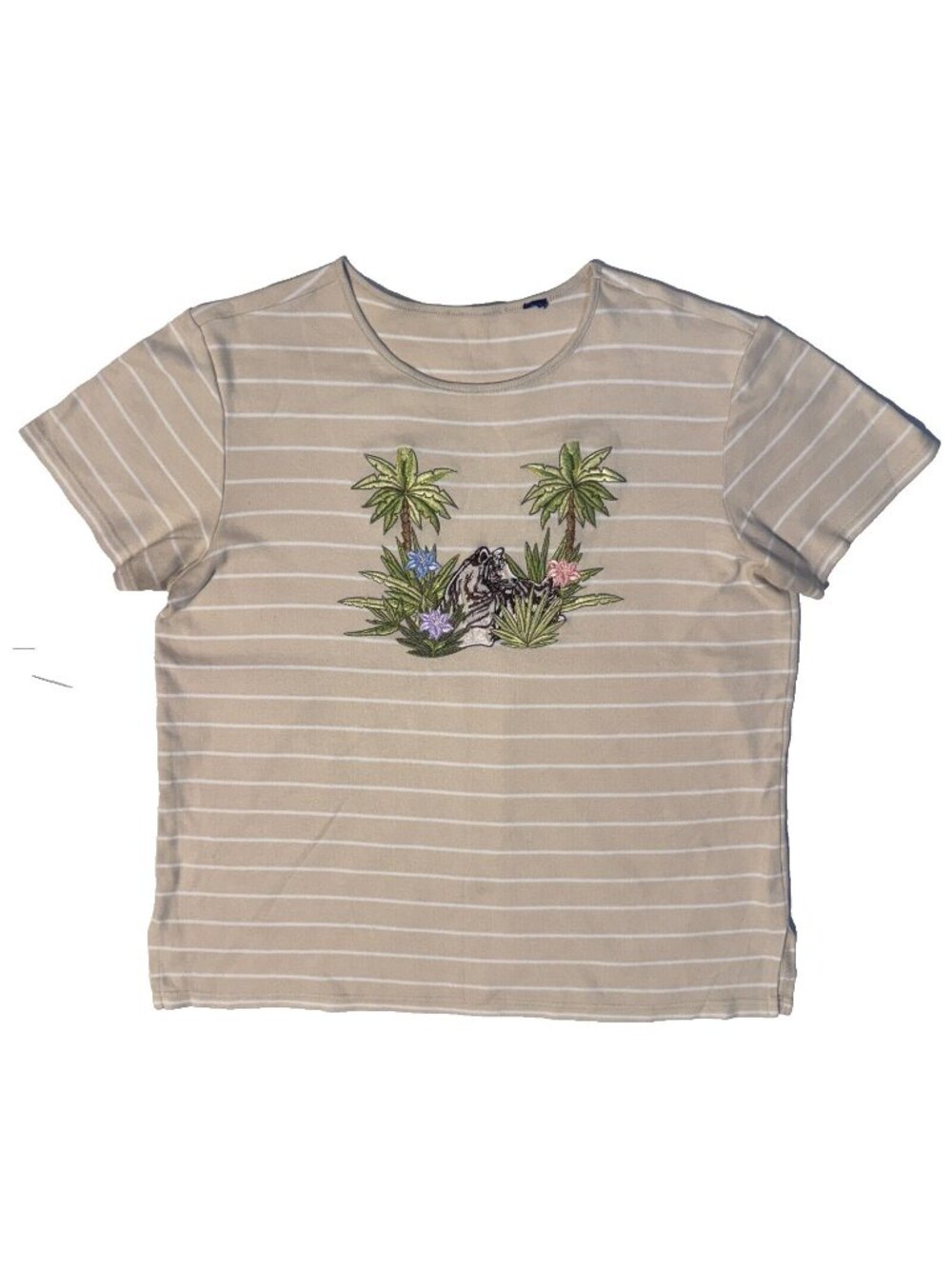 White Bengal Tiger Embroidered Jungle Forest Beige Stripe Short Sleeve Tshirt -L